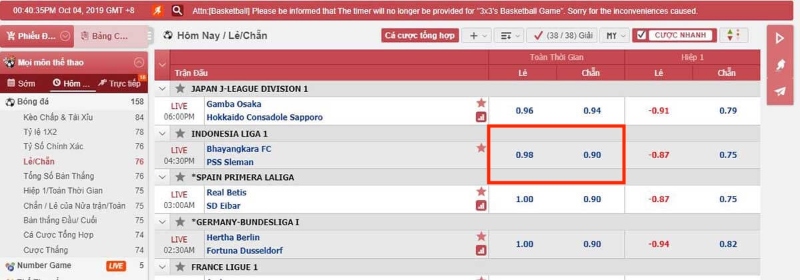 Ví dụ minh hoạ cách đặt kèo chẵn lẻ trong cá độ bóng đá